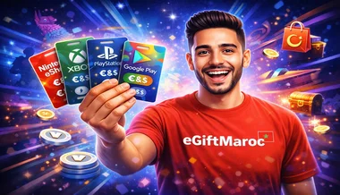 Jeune marocain tenant des Cartes Cadeaux digitales PlayStation Xbox Nintendo et Google Play eGiftMaroc